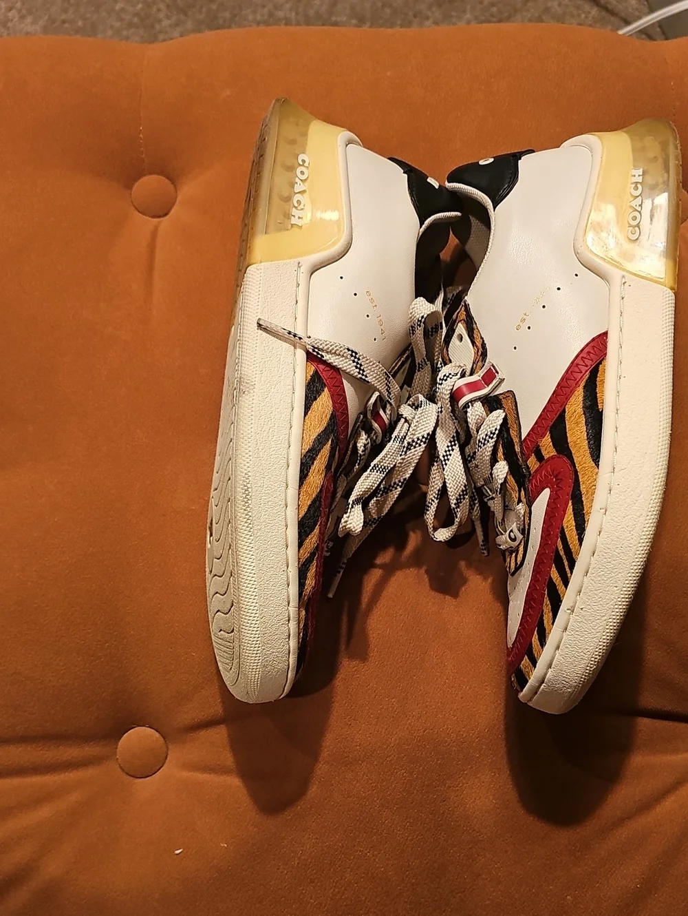 Coach White Sneakers with Red & Tiger-Print Accents